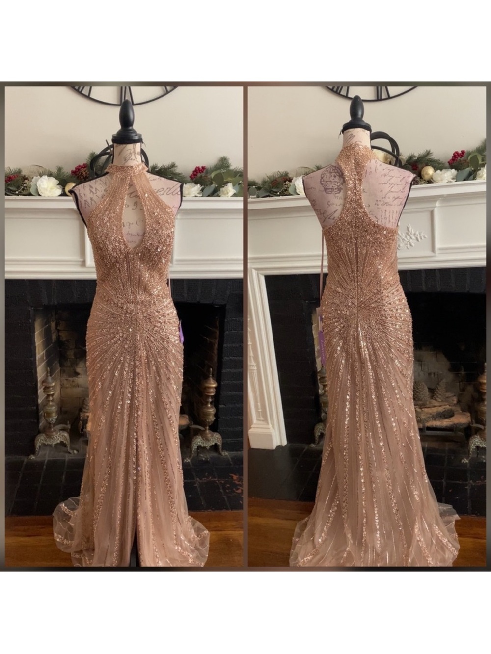 Heavily beaded gold prom dress, formal dress or pageant evening gown
